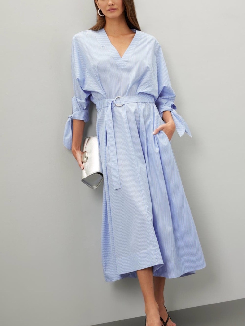 3.1 Phillip Lim Light Blue Striped V-Neck Belted Midi Dress